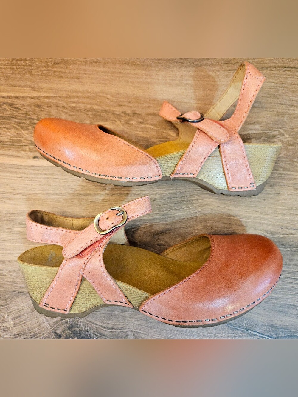 Dansko Women’s Tiffani Wedge Sandals in Coral Milled Burnished leather. Size 38